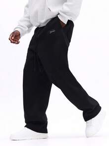 SUMWON Casual Drop Crotch Sweatpants With Embroidered Logo Detail And Relaxed Straight Fit For Everyday Comfort Plain - Black - View 3