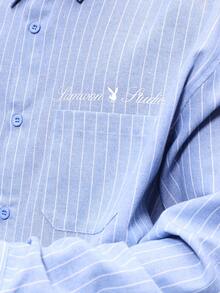 PLAYBOY X SUMWON Mens Regular Fit Long Sleeve Button Down Dress Shirt With Vertical Pinstripes Collared Office Business Professional Formal Casual - Blue and White - View 4
