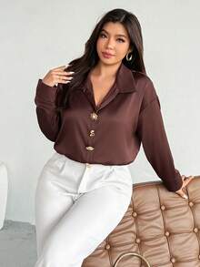 Firerie Plus Size Elegant Front Button Dropped Shoulder Long Sleeve Bodysuit, Suitable For Commuting, Autumn Brown Blouse Coffee Brown Top Office Blouse Brown Shirts For Women Business Casual Tops Woman - Coffee Brown - View 3