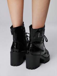 ROMWE Grunge Punk Women's Buckle Design Thick Sole Fashion Daily Versatile High Heel Ankle Boots For Christmas - Black - View 5