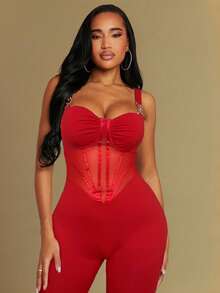 Radiana 春夏婚礼季宾客情人节优雅浪漫白色高弹针织五金装饰露背束身衣式修身长款连体裤 - 紅色 - 查看 5