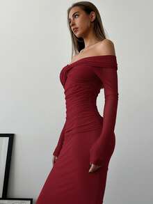 Aloruh Váy hẹn hò lãng mạn trễ vai phối lưới, thắt nút xoắn, chi tiết nhún bèo, tay dài - Màu Đỏ Sâu - Xem 7