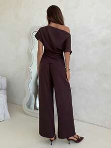 Aloruh 女士褶皱肩部咖啡色通勤上衣和裤子套装 - 咖啡棕 - 查看 2