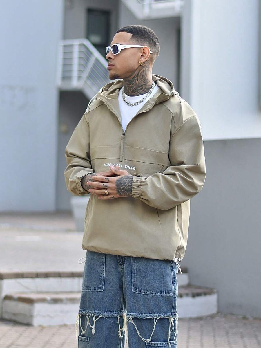 Devon Thys 男士休闲拼布连帽抽绳夹克和春秋外套 - 軍綠色 - 查看 1