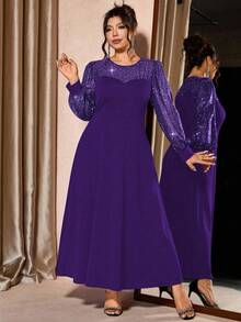 Cravure 大码女式亮片网纱拼接黑色针织面料灯笼袖连衣裙，适合夜店派对的优雅长款晚礼服 - 紫色 - 查看 5