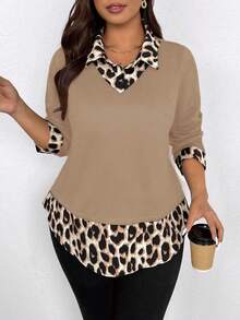 EMERY ROSE Plus Size Women Casual Printed 2 In 1 Shirt - Khaki - View 3
