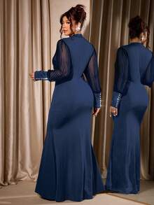 Cravure Abito elegante a coste verticali semi-trasparenti con maniche e collo alto, aderente, per donna taglia comoda, autunnale - Blu Navy - Visualizzare 2