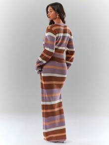 Glamine 女士休闲条纹落肩长袖针织开衫和针织半裙套装，秋冬款 - 紫色 - 查看 2