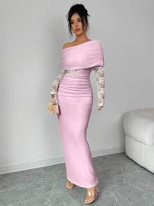 Rafferiza Women's Sexy & Elegant Asymmetric Neck Ruched Lace Patchwork Long Sleeve White Dress - Pink - View 4