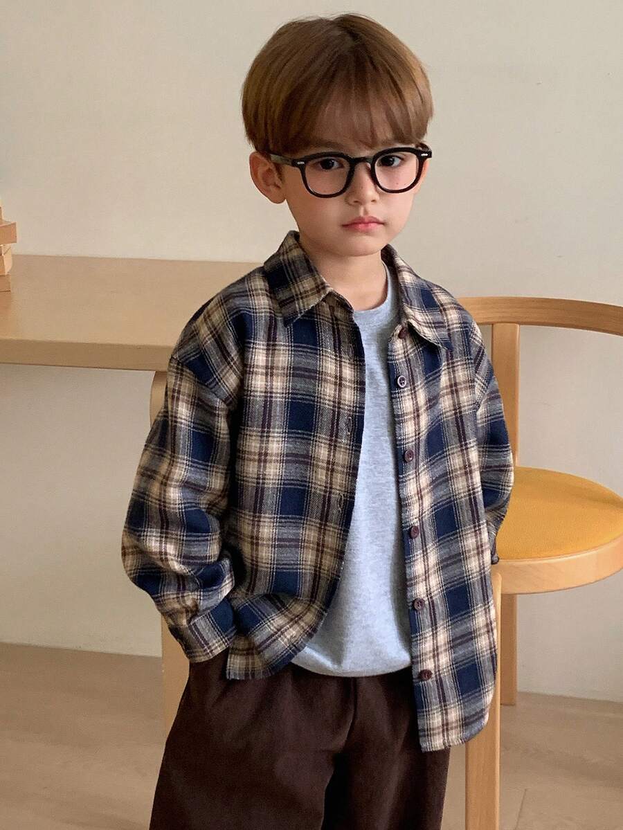 DAZY 男童格子印花纽扣前开襟休闲长袖衬衫