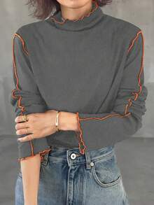 FRIFUL Women's Turtleneck Contrast Color T-Shirt With Contrast Ruffle Hem, Multi-Layer Ruffled Flared Sleeves, Fitted Long Sleeve Top - Dark Grey - View 2