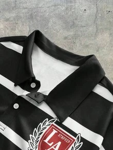 FRESIVO 加大码男士字母条纹印花长袖休闲Polo衫 - 黑與白 - 查看 4