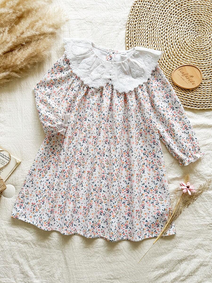 SHEIN Vintaside Kids 1pc Girls Young Girl Ditsy Floral Loose Fit Long Sleeve Dress, Elegant Collar Flower Design, Casual Versatile Dress For Autumn - Pink - View 1