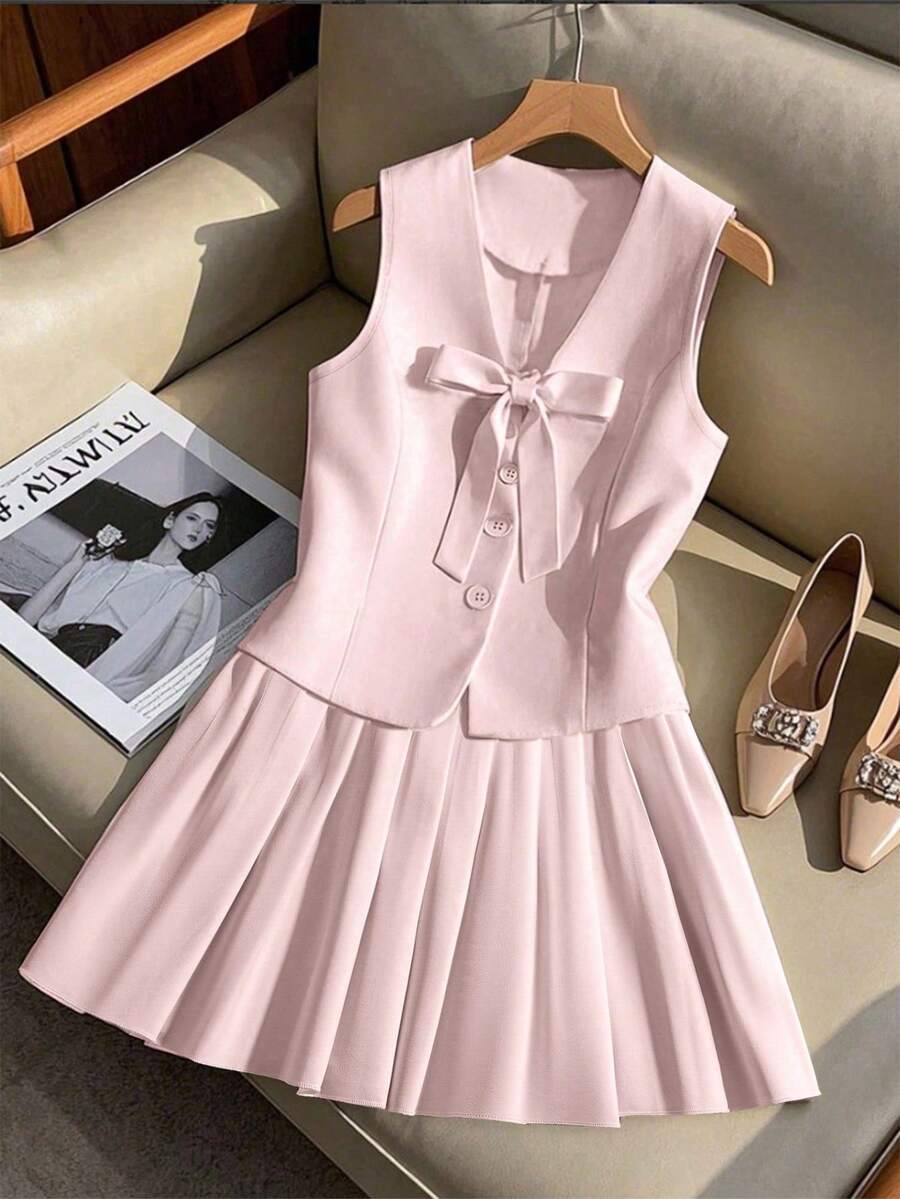 SHEIN Clasi 女士两件套服装，夏季新款优雅休闲蝴蝶结系带无袖衬衫和短款百褶裙套装 - 粉色 - 查看 1