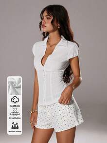 TRNVIE Summer White Textured Collared Slim-Fit Office Lady Vertical Striped Short Sleeve Shirt - White - View 1