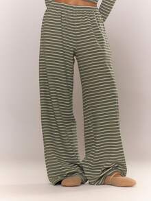 MUSERA 低腰条纹阔腿裤，舒适可爱休闲，适合咖啡俱乐部夏季穿着。 - 綠色 - 查看 2