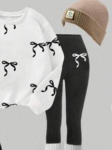 SHEIN Sparklyn 1 Set Girls Back To School Fashion Dotted Bow Print Crew Neck Sweatshirt And Black Leggings Outfit, Fall Clothes Winter - Multicolor - View 4