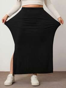 Enliva Plus Size Fitted Simple Solid Color Split Hem Stretchy Casual Pencil Skirt, For Apple Rounded Body Shape, For Body Shape, For Summer - Black - View 6