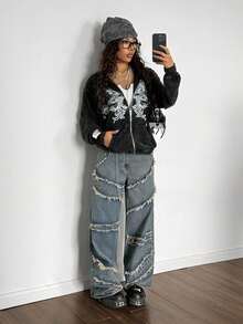 StreetHx Women's Y2K Style Gothic Retro Distressed Loose Sweatshirt, Streetwear For Autumn/Winter - Black - View 4