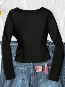 Camiseta casual de manga larga con busto fruncido y ribete de encaje, de punto azul para adolescentes - Negro - Ver 2