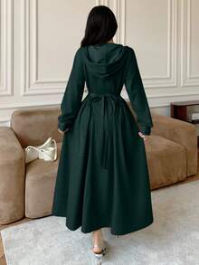 Modelyn 女士休闲连帽抽绳修身灰色卫衣，秋冬款 - 墨綠色 - 查看 2