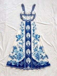 Soleia Women's Fashion Vacation Casual All-Over Print Spaghetti Strap Dress Women Vacation Dress Boho Summer Dress Women Blue And White Dress Women Carnival, - Blue and White - View 2