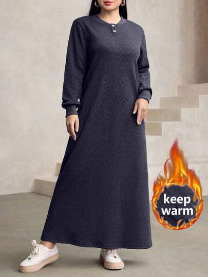 Modelyn Women's Casual Loose Textured Fabric Round Neck Long Dress, Navy Blue, Autumn/Winter