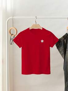 Resyla Women's Round Neck Faux Pearl & Rhinestone Decor Casual Short Sleeve T-Shirt - Red - View 5