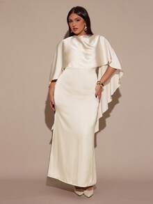 SHEIN BAE Váy satin thắt eo thanh lịch màu mơ cỡ lớn dành cho nữ - Màu be - Xem 4