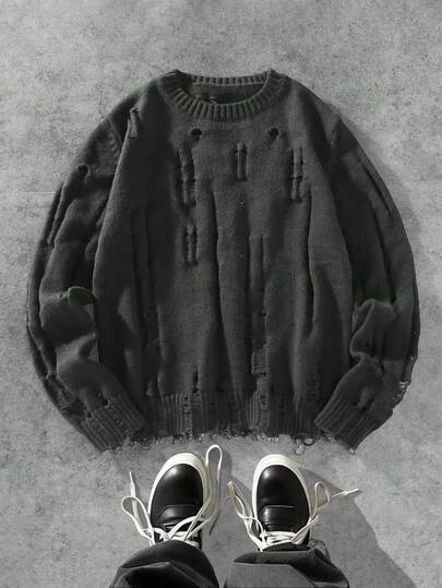 Manfinity EMRG Men's Solid Color Distressed Crew Neck Fashionable Pullover Sweater, Autumn/Winter