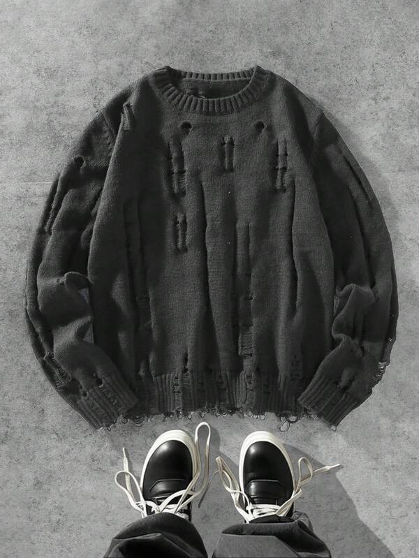 Manfinity EMRG Men's Solid Color Distressed Crew Neck Fashionable Pullover Sweater, Autumn/Winter