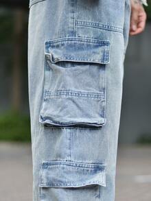 Devon Thys Men's Distressed Washed Multiple Pockets Cargo Jeans, Casual Straight Leg Pants - Mint Blue - View 3