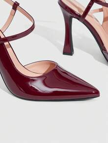 CUCCOO SZL 女士尖头搭扣设计时尚高跟鞋，适合日常穿着 - 酒紅色 - 查看 3