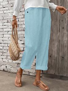 Breezaya Women's Elastic Waist Pockets Loose Casual Harem Pants Fall Cloth For Women - Baby Blue - View 3