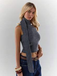 Glamine 女士时尚罗纹露肩系带针织衫 - 灰色 - 查看 5