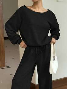 SHEIN EZwear 女士纯色斜肩长袖上衣和长裤休闲套装