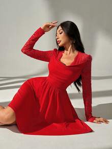 SHEIN Unity Women's Lace Trim Draped Neck Long Sleeve Dress, Suitable For Christmas, Valentine's Day, Party And Holiday Occasions, Spring/Autumn/Winter - Red - View 5