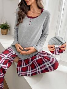 Moonlight&Mama 2pcs Maternity Sleepwear Set: Contrast Lace Crew Neck Long Sleeve Top And Plaid Print Pants, Winter - Light Grey - View 1