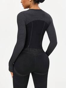 Seamluxe SHEIN Sport 女士字母印花拼接条纹插肩袖运动T恤 - 黑色 - 查看 2