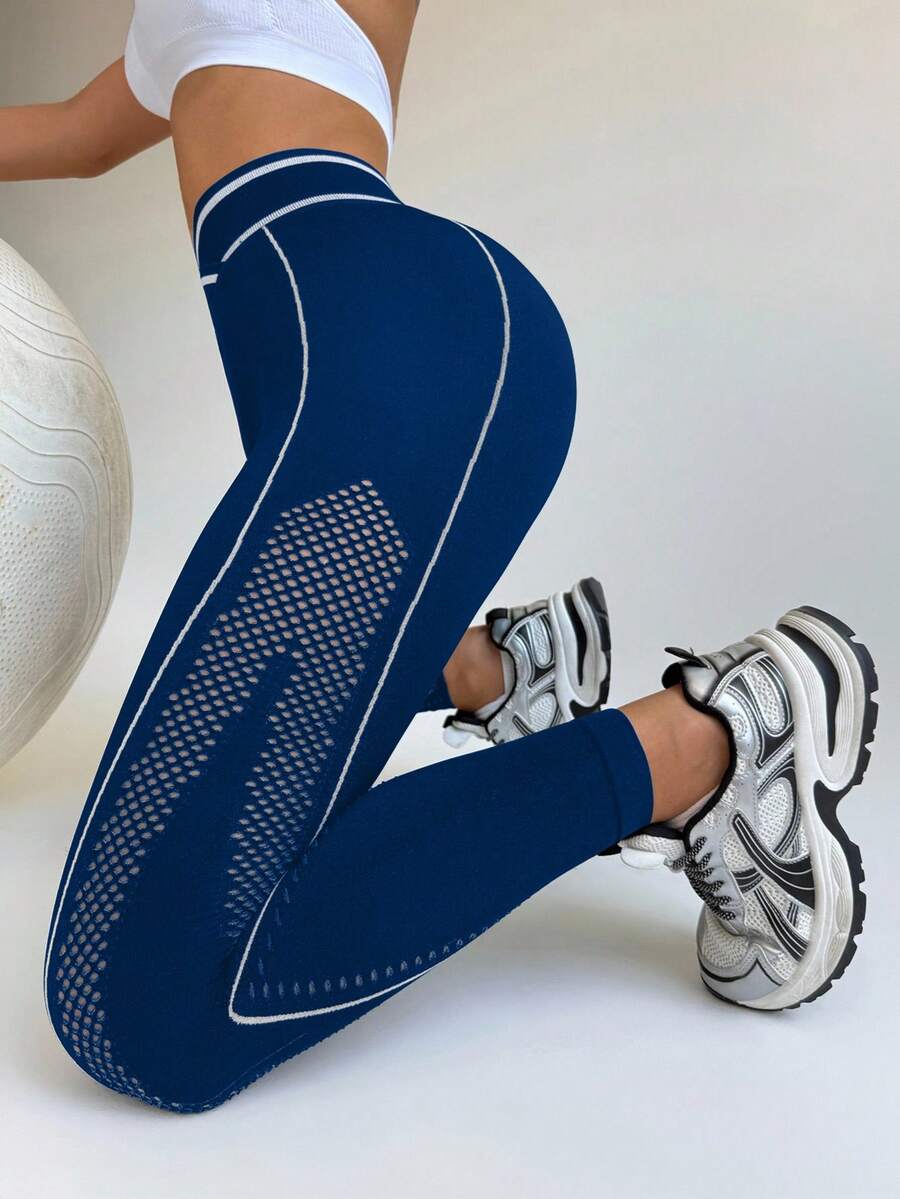 Slayform Women's Asymmetric Waist Hollow Design Casual Fitness Leggings - Navy Blue - View 1