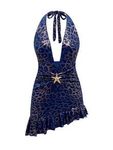 Bonvoyette Summer Vacation Sexy Leopard Print Halter Backless Gold Accent Bodycon Dress For Women - Multicolor - View 3