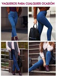 Jeans de cintura alta y ajuste ceñido lavados, Jeans de cintura alta y ajuste ceñido de elasticidad alta, Ropa de denim y ropa para mujeres, Jeans de denim ajustados para mujeres, Pantalones de denim para mujeres, Súper elásticos, Push up, Cintura alta, Estilo casual, Jeans azules ajustados y elásticos, Jeans de denim casuales - Azul Marino - Ver 5
