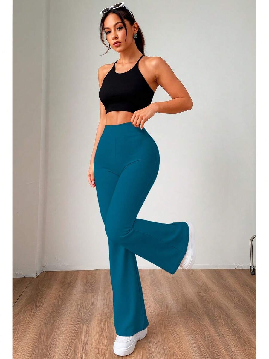 Pantalón campana mujer moderno cintura alta cómodo básico elegante casual juvenil moda fiesta versátill casual y elegante para toda ocasión - Agua verde azul - Ver 1