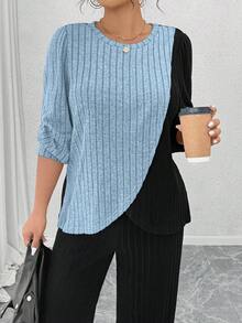 EMERY ROSE Conjunto de 2 piezas de ropa de estar en casa de talla grande, color negro, estilo casual elegante para otoño, con top de cuello redondo, manga larga, punto suave acanalado, diseño de bloques de color y patchwork asimétrico, y pantalones - Multicolor - Ver 4
