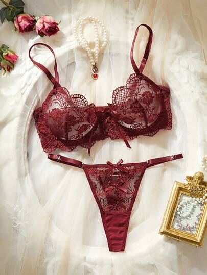 Women's Vintage Wine Red Embroidered Sexy Set, Underwire Push-Up Bowknot Hollow See-Through 2-Piece Lingerie Set