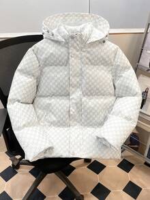 Manfinity Joysei 男士全印花连帽短款夹棉大衣，冬季保暖白色拉链大衣，秋季 - 白色 - 查看 7