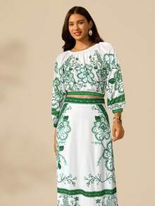 CAJUNI 女士度假休闲热带花卉印花长灯笼袖黑色圆领短款衬衫，女士长袖衬衫，女士度假装 - 綠色 - 查看 3