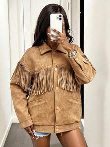 SHEIN BamGlam Áo khoác nữ kiểu vintage da lộn tua rua, áo khoác tua rua mùa thu/đông, áo khoác phong cách miền Tây thường ngày cho nữ. - Màu Khaki - Xem 3