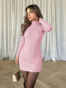 Jemour Solid Color Turtleneck Slim Fit Black Ribbed Dress - Pink - View 5