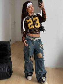 Coolane Casual Vintage Street Style Leopard Print Contrast Color Letter Number 23 Graphic Long Sleeve Ruched Waist Sexy T-Shirt For Women, Suitable For Autumn/Winter, Vintage, Preppy, Versatile, Sexy, Cute, Y2K, Coconut Girl, Boho, Hippie, Music Festival Leopard Print Top Y2k Top - Multicolor - View 3